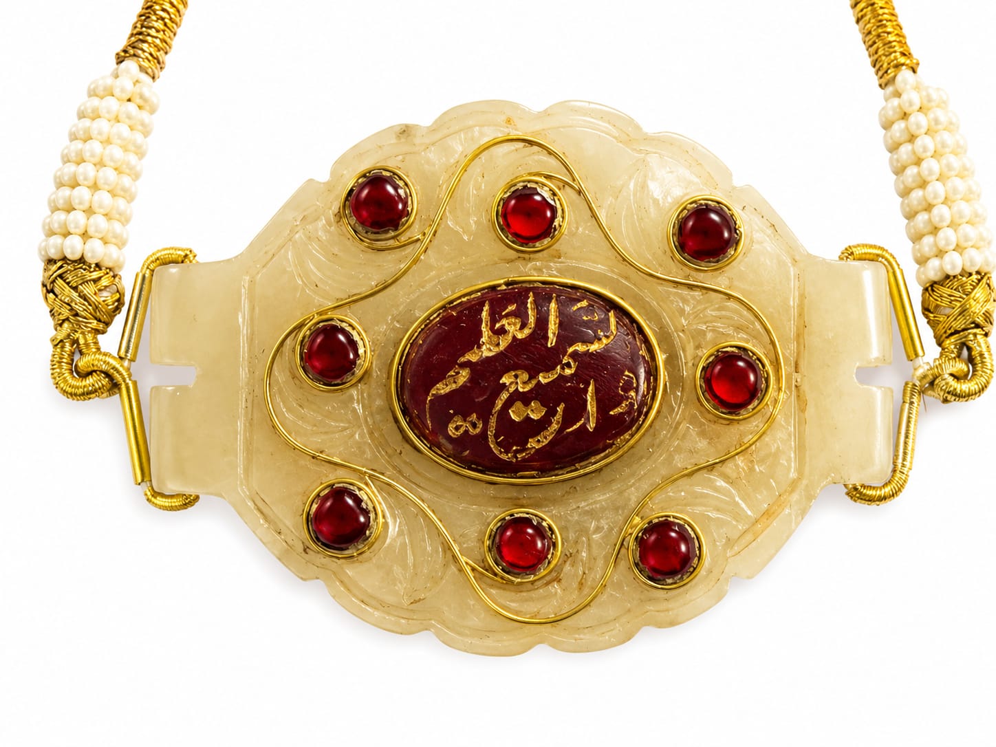 Mughal handmade islamic jade stone pendant studded with cream precious stone